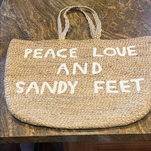 Beach Tote Bag - Natural Straw with White Text